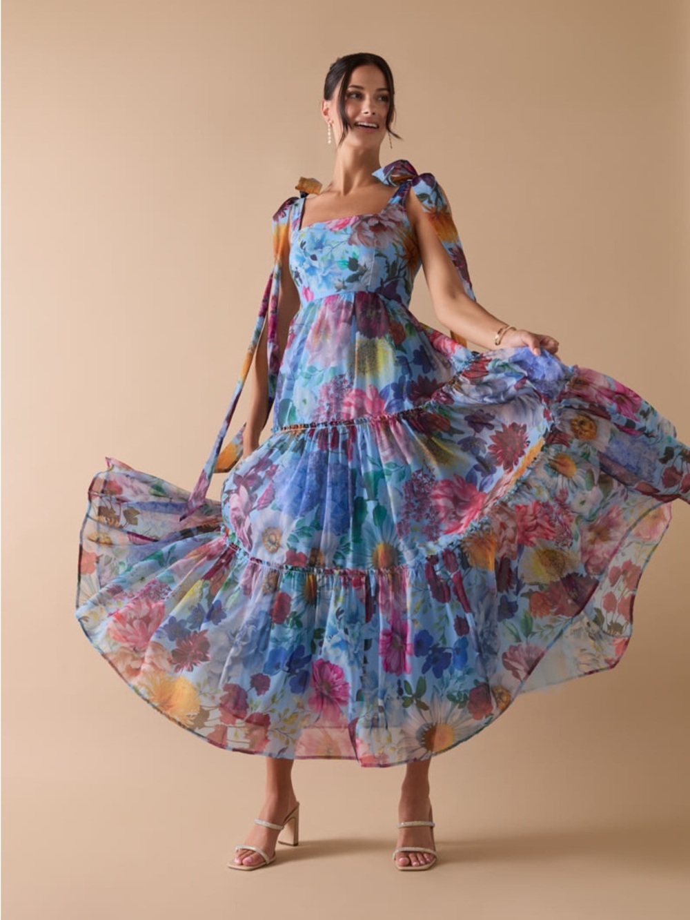 Francesca's Collections Blue Floral Tie-Shoulder Maxi Dress